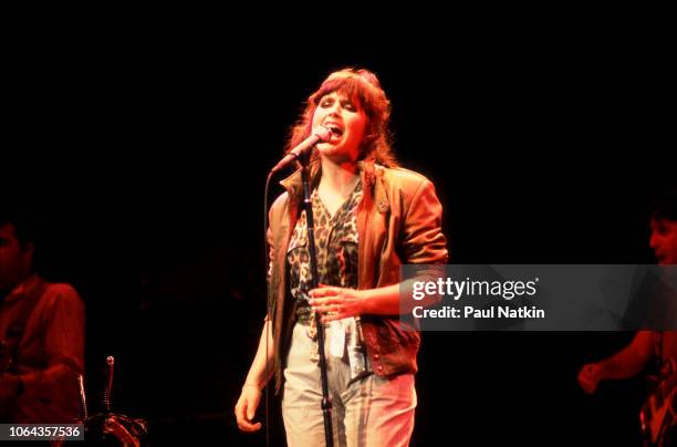 American singer Linda Ronstadt performs on stage at the Poplar Creek Music Theater in Hoffman Estates, Illinois, July 26, 1981.