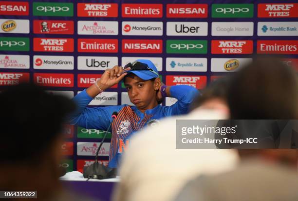 Harmanpreet Kaur of India reacts during the ICC Women's World T20 2018 Semi-Final match between England and India at Sir Viv Richards Cricket Ground...