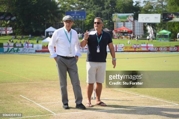 Broadcasters and former England players David 'Bumble' Lloyd and Darren Gough pictured chatting before Day One of the Third Test match between Sri...