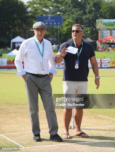 Broadcasters and former England players David 'Bumble' Lloyd and Darren Gough pictured chatting before Day One of the Third Test match between Sri...