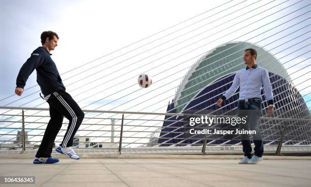 Andy Murray of Great Britain plays a ball to Roberto Soldado of Valencia during the ATP 500 World Tour Valencia Open tennis tournament at the Ciudad...