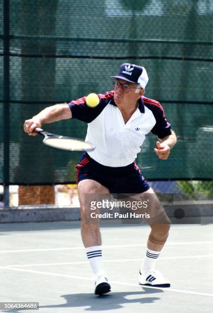Walter Cronkite plays tennis whilst attending the 11th Annual Alan King Pro-Celebrity Tennis Classic Party' on April 23, 1982 at Caesars Palace in...