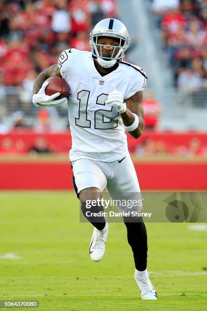 Martavis Bryant of the Oakland Raiders runs after a catch against the San Francisco 49ers at Levi's Stadium on November 1, 2018 in Santa Clara,...