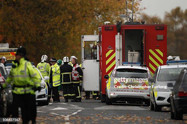 Emergency services attend the scene of a gas explosion in Irlam, Manchester today on November 2, 2010 in Manchester, England. Seven people have been...