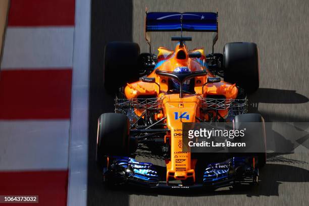 Fernando Alonso of Spain driving the McLaren F1 Team MCL33 Renault on track during practice for the Abu Dhabi Formula One Grand Prix at Yas Marina...