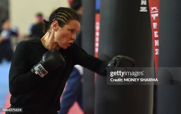 In this picture taken on November 13 Finnish boxer Mira Potkonen trains at the Indira Gandhi Stadium Complex ahead of the Women's World Boxing...