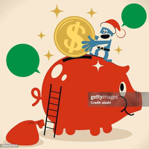 süßer blauer weihnachtsmann, eine große dollar-zeichen-münze (us-währung) in ein sparschwein - christmas cash stock-grafiken, -clipart, -cartoons und -symbole