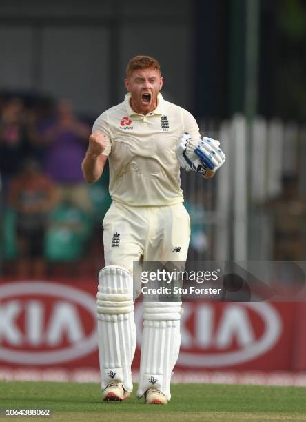England batsman Jonny Bairstow celebrates after reaching his century during Day One of the Third Test match between Sri Lanka and England at...