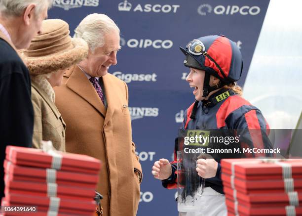 Prince Charles, Prince of Wales presents to the Charity Race winning Jockey Rosie Margason at the PCF Racing Weekend And Shopping Fair at Ascot...