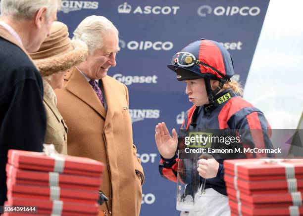 Prince Charles, Prince of Wales presents to the Charity Race winning Jockey Rosie Margason at the PCF Racing Weekend And Shopping Fair at Ascot...