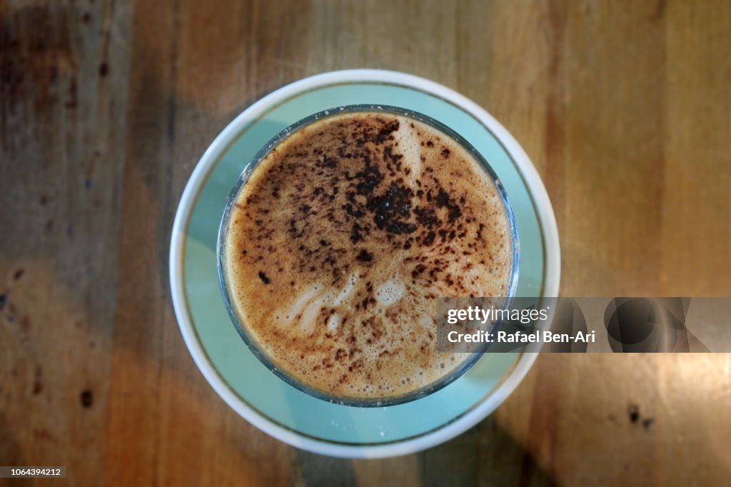 Mochachino Coffee Drink Served on a Wooden Table in a Cafe Restaurant