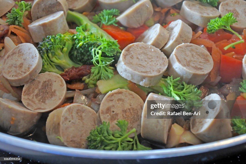 Vegetarian Sausages and Vegetables Dish