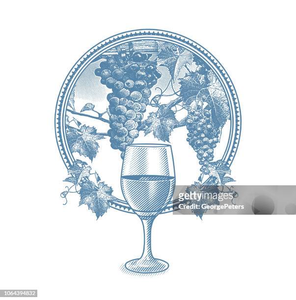 vineyard grapes and glass of wine in circle frame - wine label stock illustrations