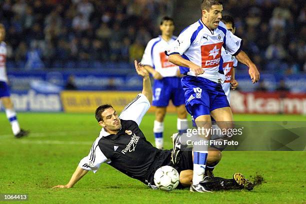 Morientes of Real Madrid and Bermudo of Tenerife in action during the Spanish Primera Liga match played between Tenerife and Real Madrid at the...