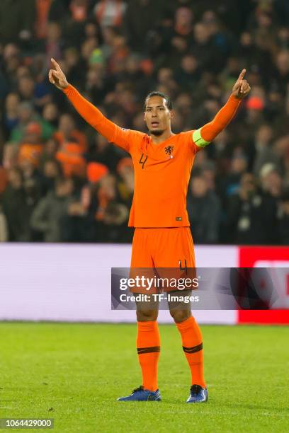 Virgil van Dijk of Netherlands gestures during the UEFA Nations League A group one match between Netherlands and France at De Kuip on November 16,...