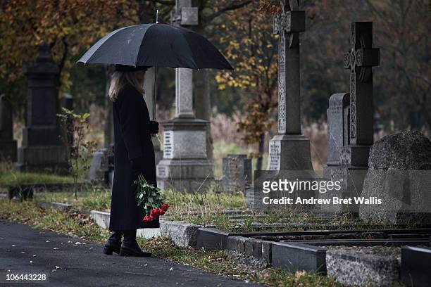 widow bringing roses to a grave in a cemetery - mourning stock-fotos und bilder