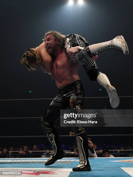 Kenny Omega and Hiroshi Tanahashi compete in the tag match during the Power Struggle - Super Jr. Tag League 2018 at Edion Arena Osaka on November 03,...