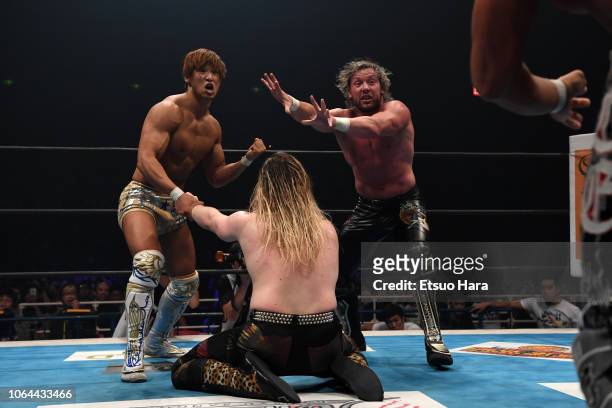 Kenny Omega ,Kota Ibushi and David Finlay compete in the tag match during the Power Struggle - Super Jr. Tag League 2018 at Edion Arena Osaka on...