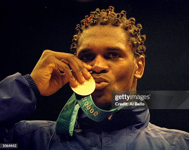 Audley Harrison of Great Britain celebrates winning Gold in the Mens 91kg Boxing Final at the Exhibition Halls on day 16 of the Sydney 2000 Olympic...