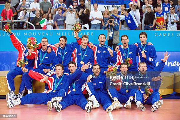 Yugoslavia celebrate winning Gold in the Mens Volleyball Final at the Entertainment Centre on day 16 of the Sydney 2000 Olympic Games in Sydney,...