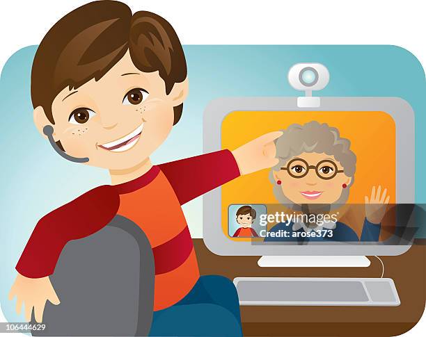 ilustraciones, imágenes clip art, dibujos animados e iconos de stock de vídeo de comunicación - abuelos y nietos