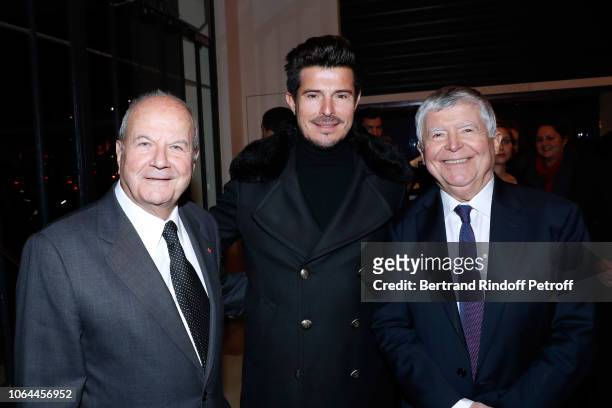 Founder of Fimalac Marc Ladreit de Lacharriere, Tenor Vincent Niclo and Artistic Director of Theatre Marigny Jean-Luc Choplin attend the Reopening of...