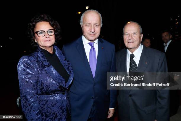 Laurent Fabius standing between his wife Francoise Castro and Founder of Fimalac Marc Ladreit de Lacharriere attend the Reopening of The Marigny...