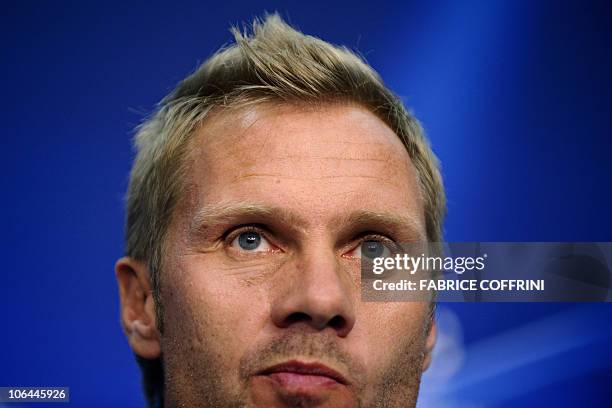 Basel's German coach Thorsten Fink looks on during a press conference in Basel on Novermber 2, 2010 on the eve of the team's group E Champions League...