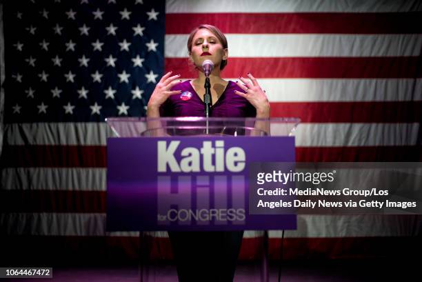 Congressional candidate Katie Hill speaks during her election night watch party at the Canyon in Santa Clarita, CA. Tuesday, Nov 6, 2018.