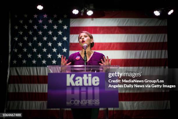 Congressional candidate Katie Hill speaks during her election night watch party at the Canyon in Santa Clarita, CA. Tuesday, Nov 6, 2018.