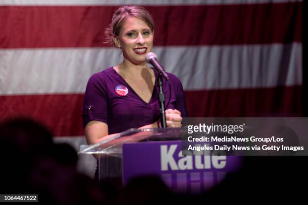 Congressional candidate Katie Hill speaks during her election night watch party at the Canyon in Santa Clarita, CA. Tuesday, Nov 6, 2018.