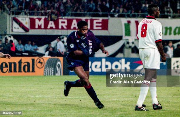 Patrick Kluivert of Ajax celebrates his goal during the Champions league finale match between Ajax and Milan AC on May 25, 1995 in Ernst Happel...