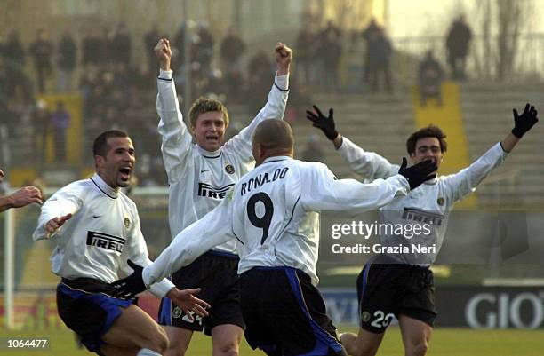 Ronaldo celebrates with fellow Inter Milan teamates during the Serie A League match played between Brescia and Inter Milan , played at the Rigamonti...