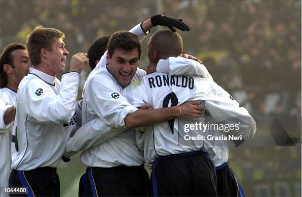 Ronaldo celebrates with fellow Inter Milan teamates during the Serie A League match played between Brescia and Inter Milan , played at the Rigamonti...