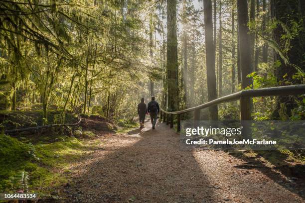 man and woman walking on forest trail, british columbia, canada - vancouver canada stock pictures, royalty-free photos & images
