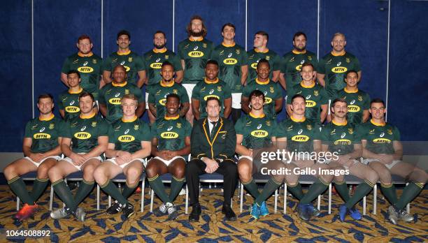Springboks team pose for a group photo during the South African national rugby team photo at Hilton Hotel Cardiff on November 23, 2018 in Cardiff,...