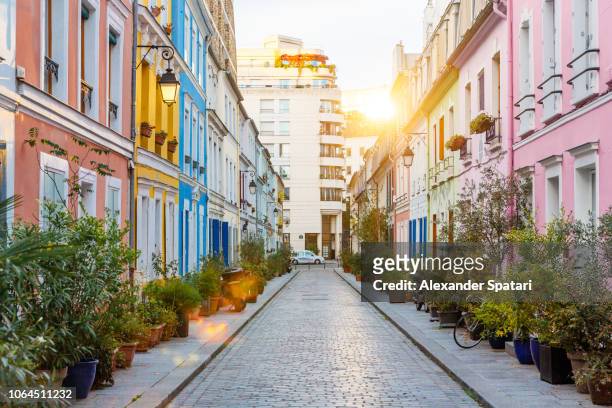 rue cremieux multicolored street during sunrise without people in paris, france - alley fotografías e imágenes de stock