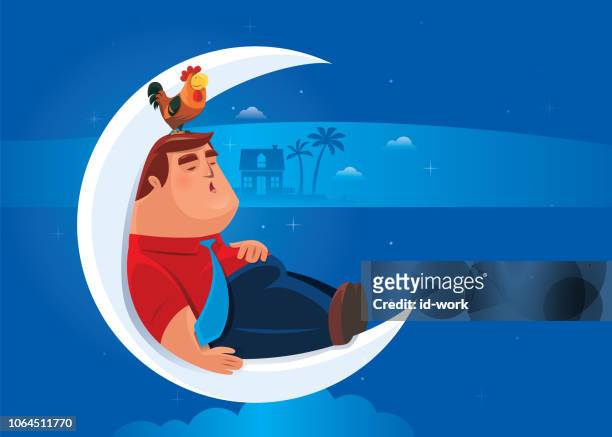 bildbanksillustrationer, clip art samt tecknat material och ikoner med fett affärsman sitter på månskäran och sover - hen