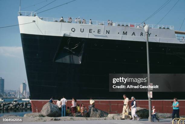 British ocean liner RMS Queen Mary docked in Long Beach, Los Angeles, California, 1984.