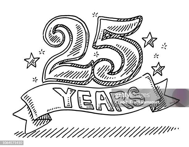 ilustraciones, imágenes clip art, dibujos animados e iconos de stock de texto de celebración 25 años etiqueta dibujo - 25 years