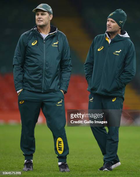 Rassie Erasmus of South Africa with Jacques Nienaber of South Africa during the South African national rugby team captains run at Principality...