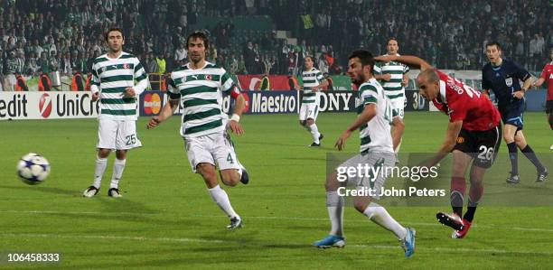 Gabriel Obertan of Manchester United scores their second goal during the UEFA Champions League Group C match between Bursaspor and Manchester United...