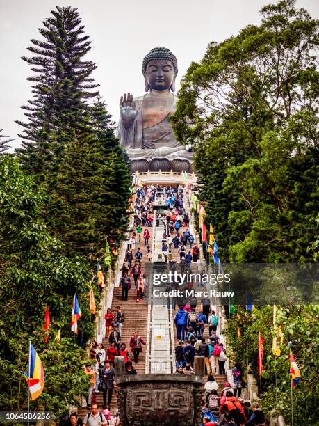 stairway leading to the big buddha statue at ngong ping, lantau island, hong kong. - lantau stock pictures, royalty-free photos & images