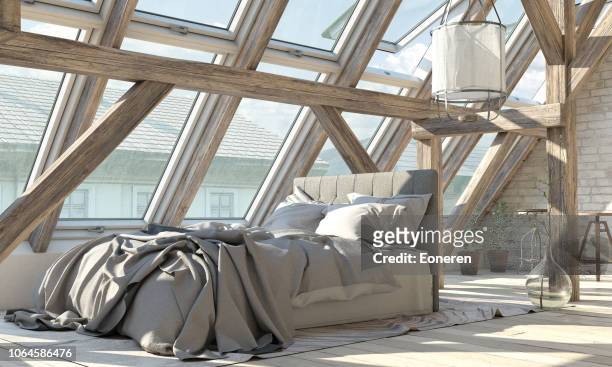 scandinavische loft slaapkamer interieur - plat dak stockfoto's en -beelden