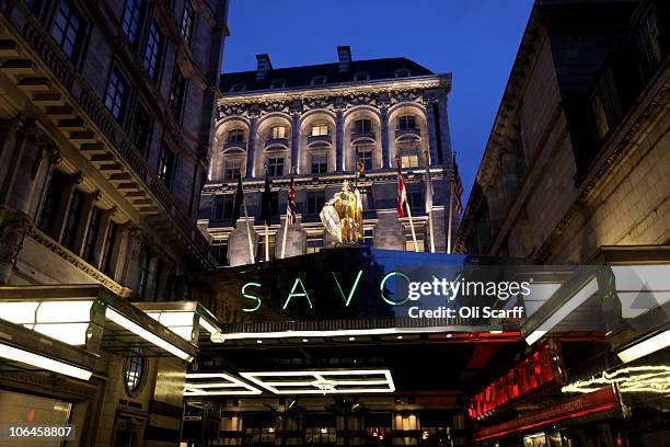 General view of the main entrance to the newly re-opened Savoy hotel on November 2, 2010 in London, England. The Savoy Hotel, which originally opened...