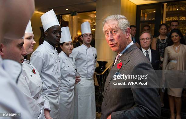Prince Charles, the Prince of Wales greets chefs at the Savoy hotels grand re-opening on November 2, 2010 in London, England. The Savoy Hotel, which...