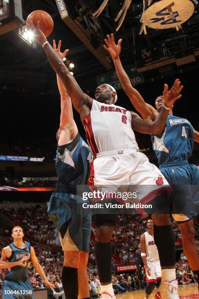 LeBron James of the Miami Heat shoots against the Minnesota Timberwolves on November 2, 2010 at American Airlines Arena in Miami, Florida. NOTE TO...