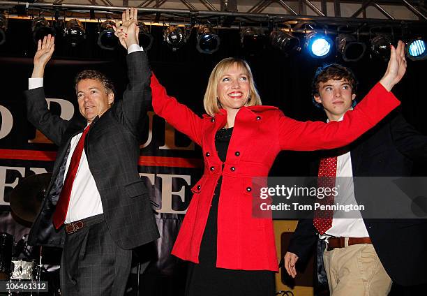 Rand Paul , the Republican candidate for the Kentucky U.S. Senate seat, wife, Kelley, and son, wave to supporters during an election night party on...