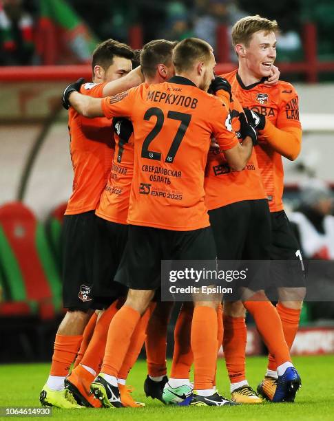 Players of FC Ural Ekaterinburg celebrate a goal during the Russian Premier League match between FC Lokomotiv Moscow and FC Ural Ekaterinburg at...