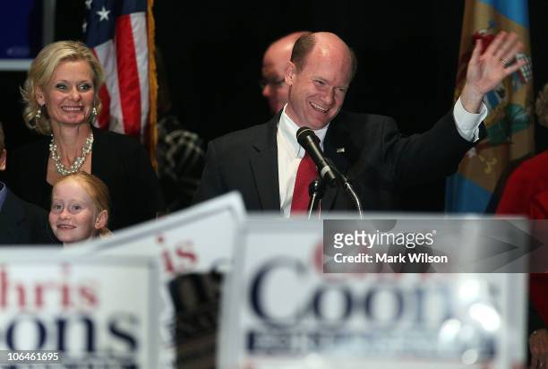 Senator-elect Chris Coons celebrates with his wife Annie Coons during his victory party on November 2, 2010 in Wilmington, Delaware. Chris Coons beat...